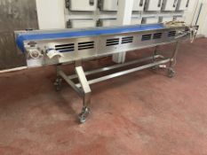 Mobile Stainless Steel Belt Conveyor, approx. 360mm wide on belt, 2.9m long, with geared electric