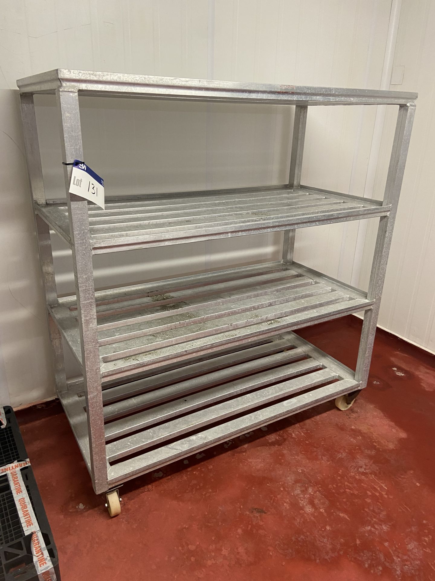 Four Tier Mobile Alloy Rack, approx. 1.52m x 760mm x 1.67m high Please read the following