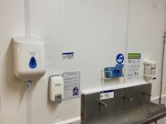 Dispensers, above lot 98 including hand towel dispenser, three soap dispensers and glove dispenser