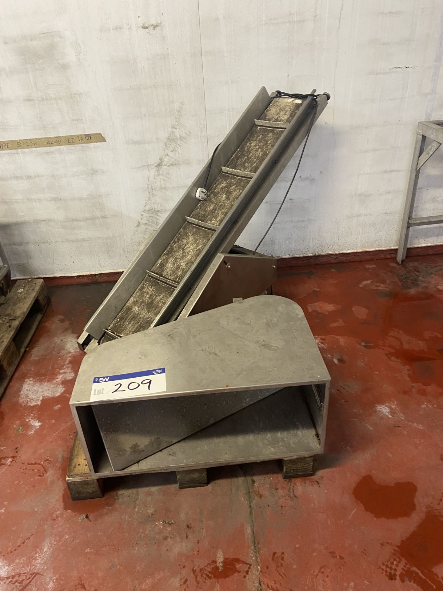 Stainless Steel Framed Inclined Belt Conveyor, approx. 200mm wide on belt, 1.5m centres long,