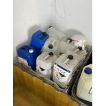 Assorted Fluids, comprising mainly cleaning chemicals in multiple drums, with IBC stand Please
