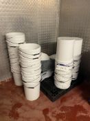 Assorted Plastic Drums & Lids, with three plastic trays and plastic pallet in corner of room