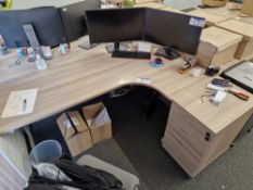 Grey Oak Veneered L Shaped Curved Desk, 3 Drawer Pedestal and Mesh Back Office Swivel Chair Please