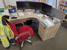 Grey Oak Veneered L Shaped Curved Desk, 3 Drawer Pedestal and Office Swivel Chair Please read the