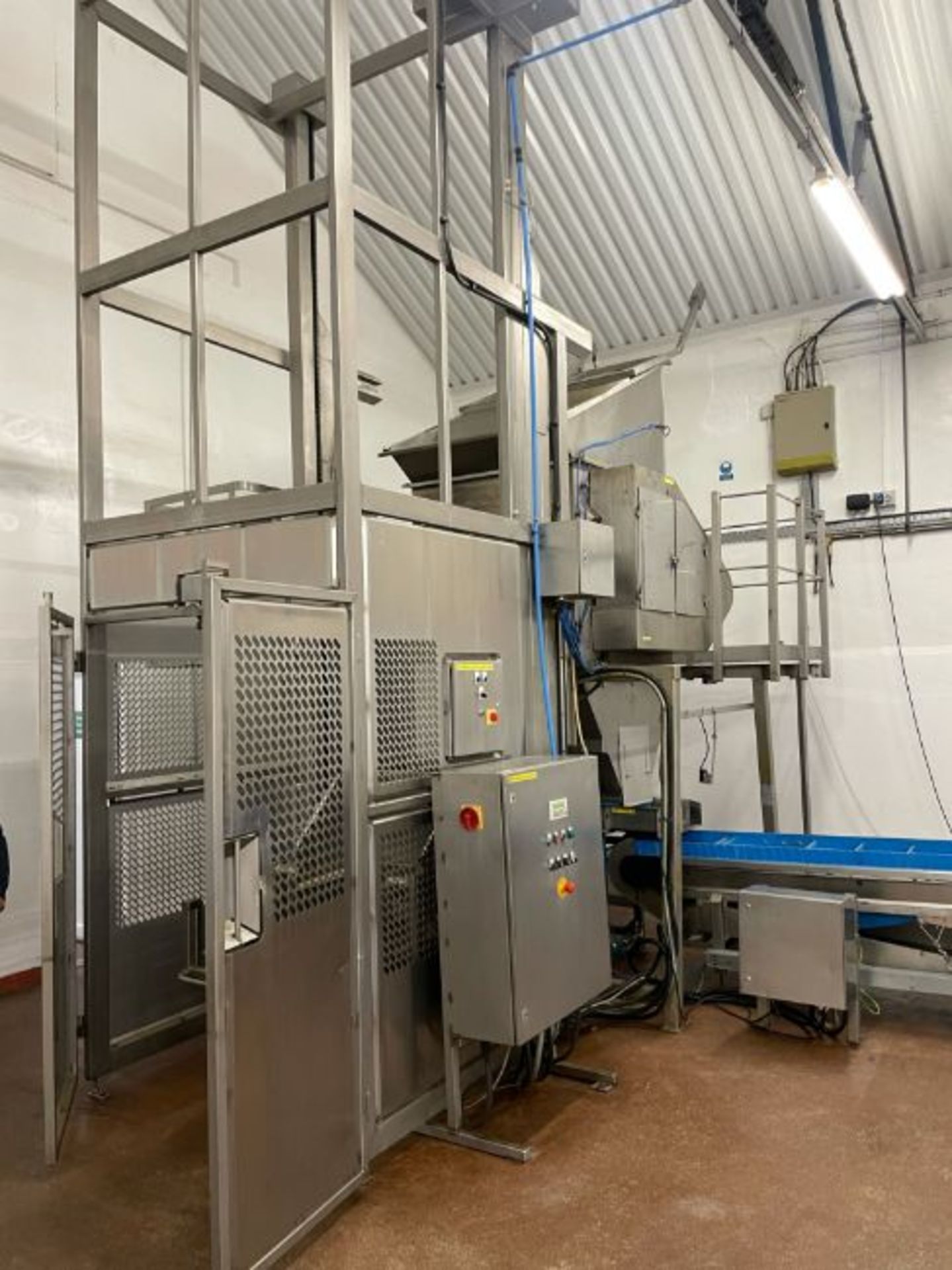 MUESLI/ CEREAL MIXING LINE, comprising Syspal Caged Buggy/ Tote Bin Lifter, feeding into Forberg
