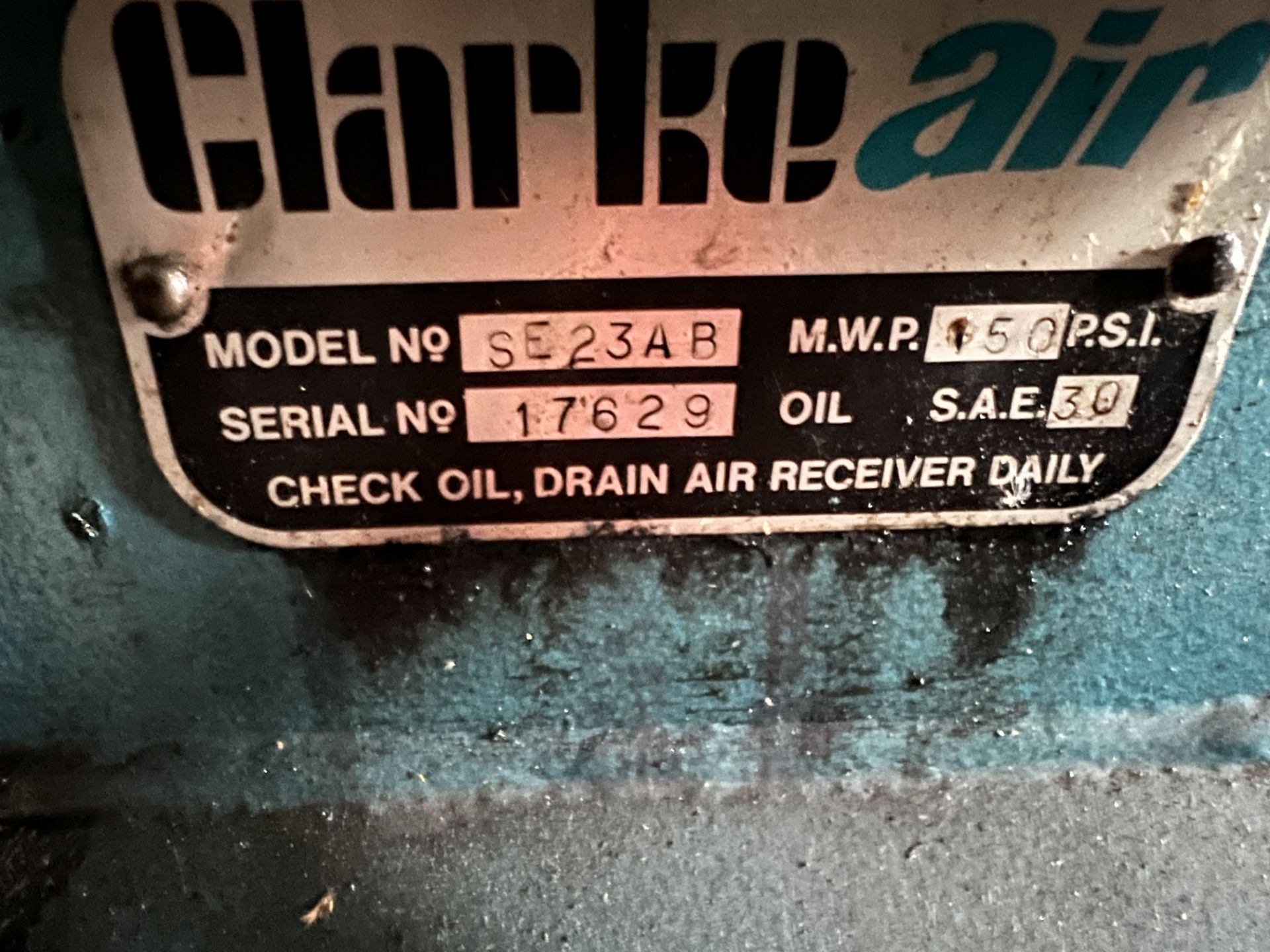 Clarke SE 23A/B Air Compressor, approx. 1.6m x 0.5m x 1.6m high Please read the following - Image 3 of 4