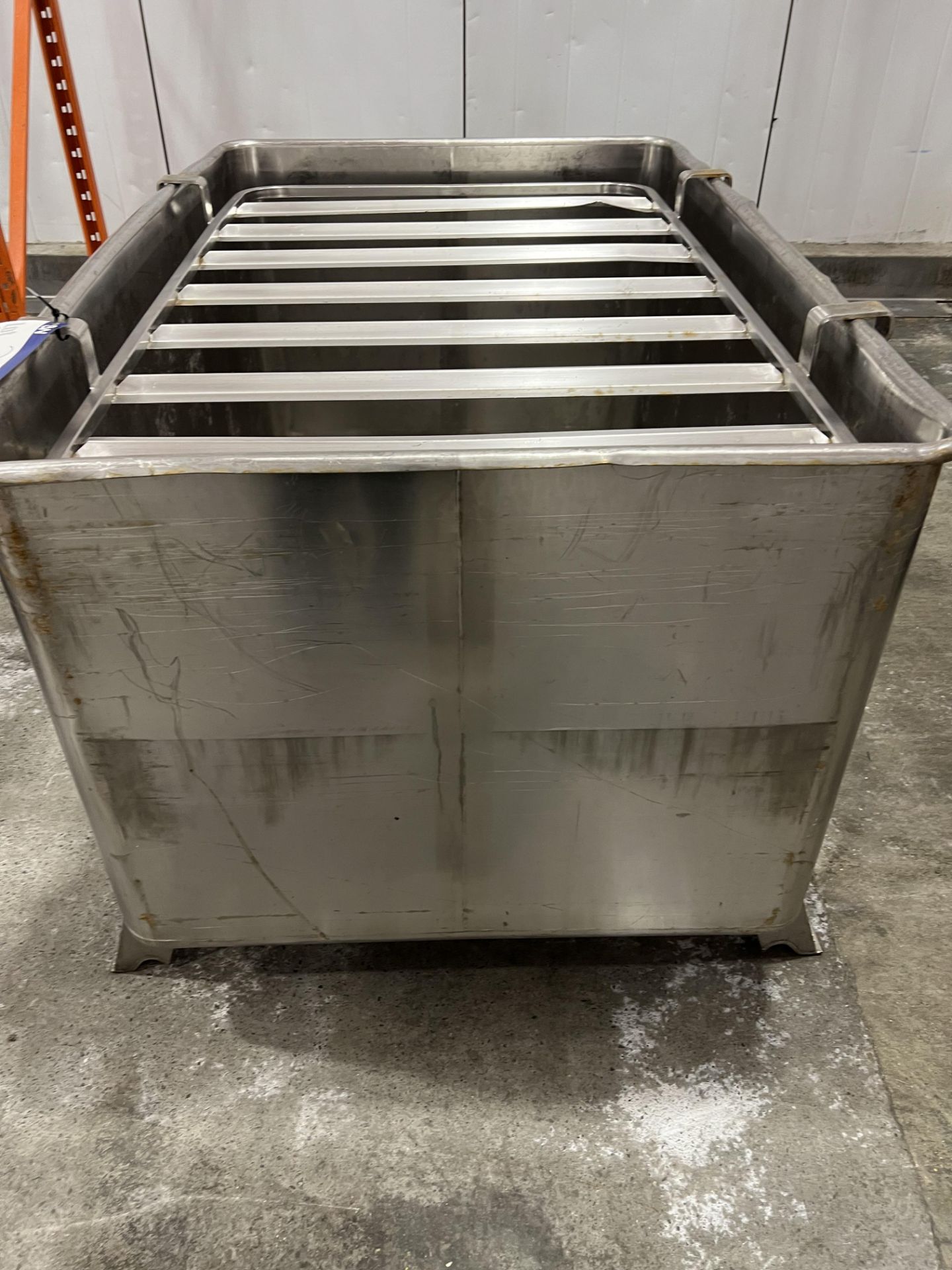 Stainless Tank, with bottom outlet, approx. 1.5m x 1m x 0.9m high, with slatted frame on top