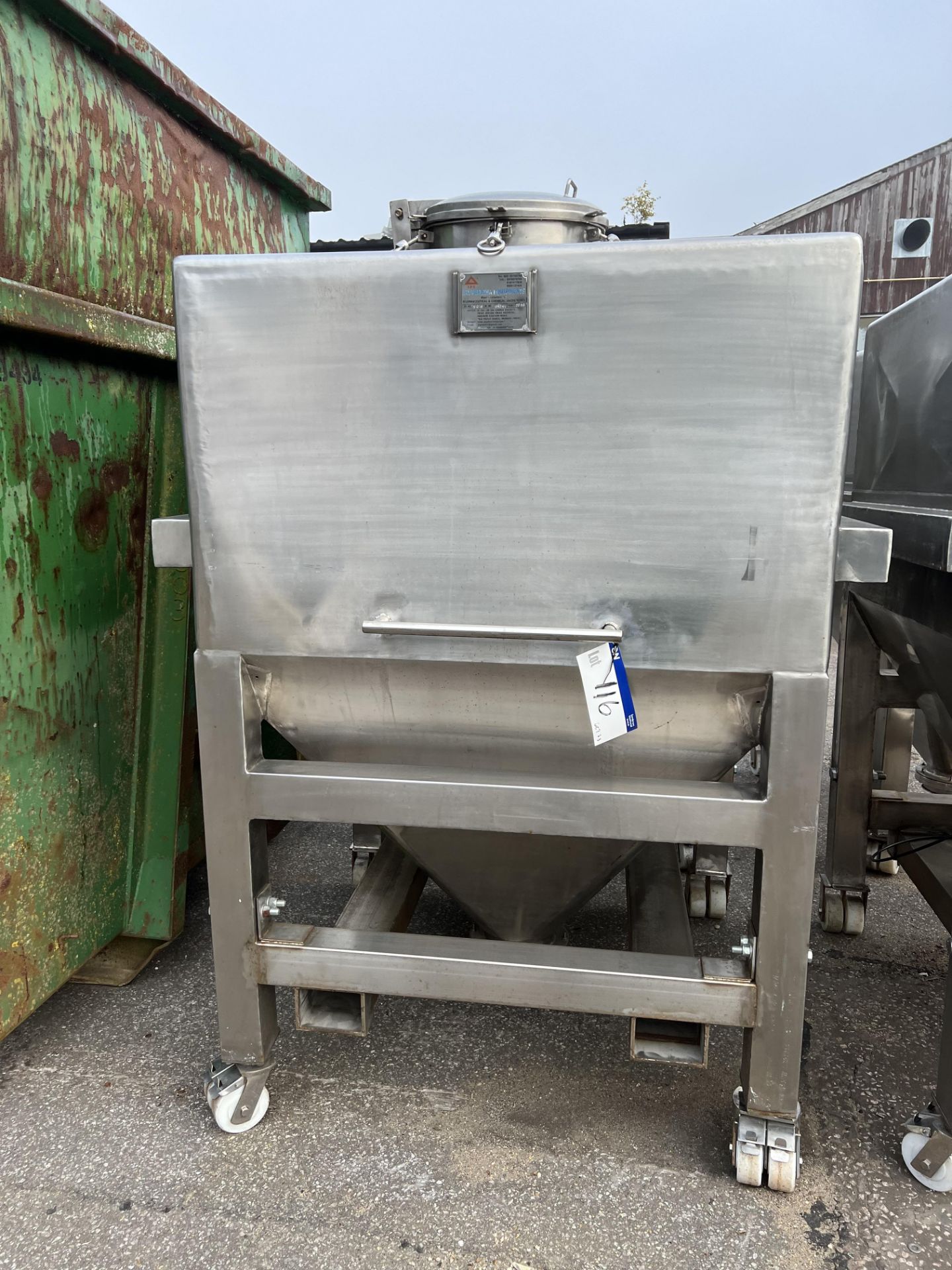 JPE IBC2 KL Fluted Stainless Steel Mobile Tank Lidded, with bottom outlet, approx. 1.5m x 1.4m x 2.