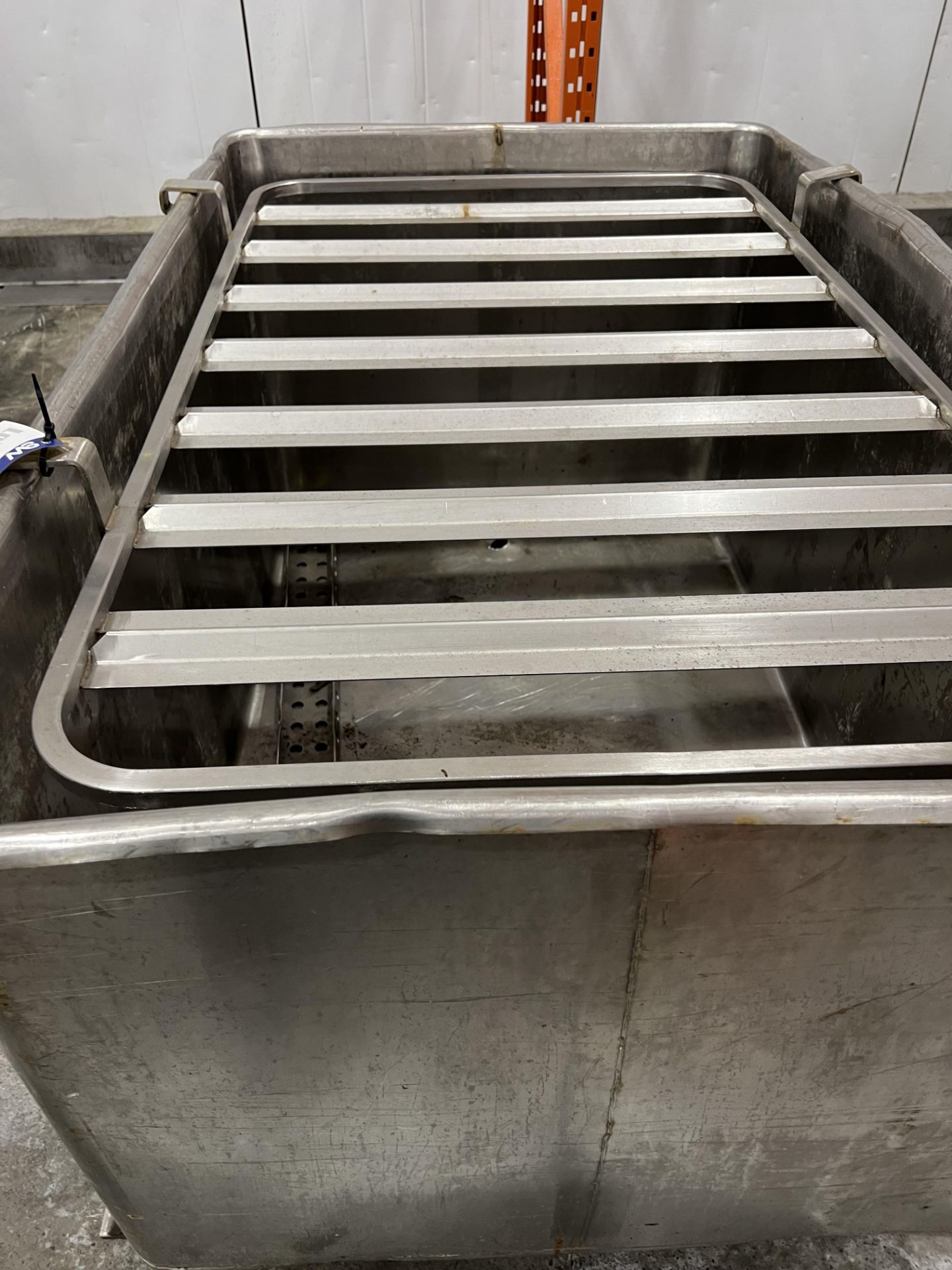 Stainless Tank, with bottom outlet, approx. 1.5m x 1m x 0.9m high, with slatted frame on top