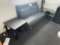 Black Leather Effect Settee, with occasional table, TV stand and projector screen Please read the