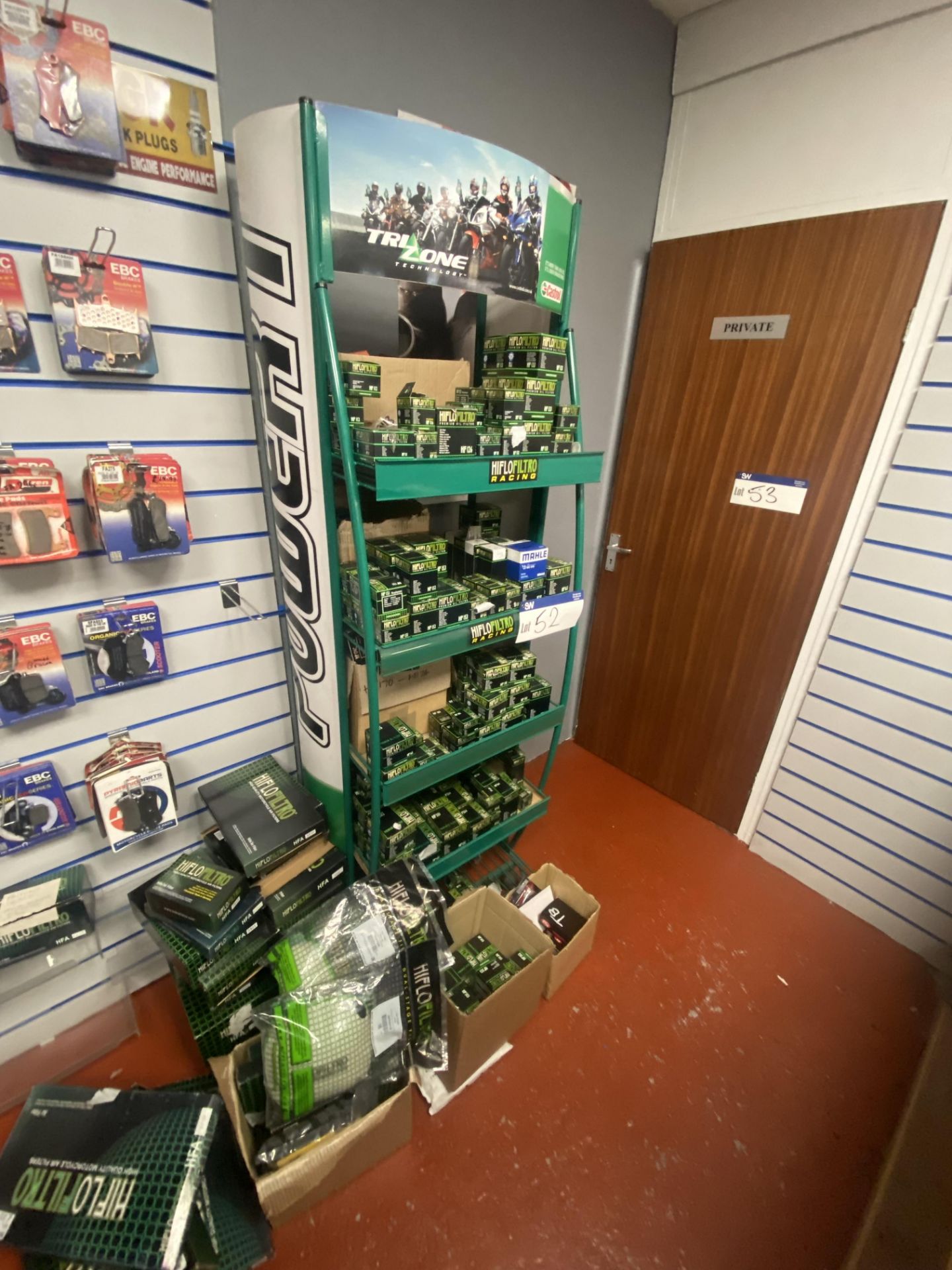 Assorted Mainly Hiflo Filters, with and on display rack and on floor Please read the following