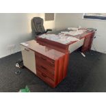 Desk, with multi-drawer pedestal, cupboard unit and swivel armchair Please read the following