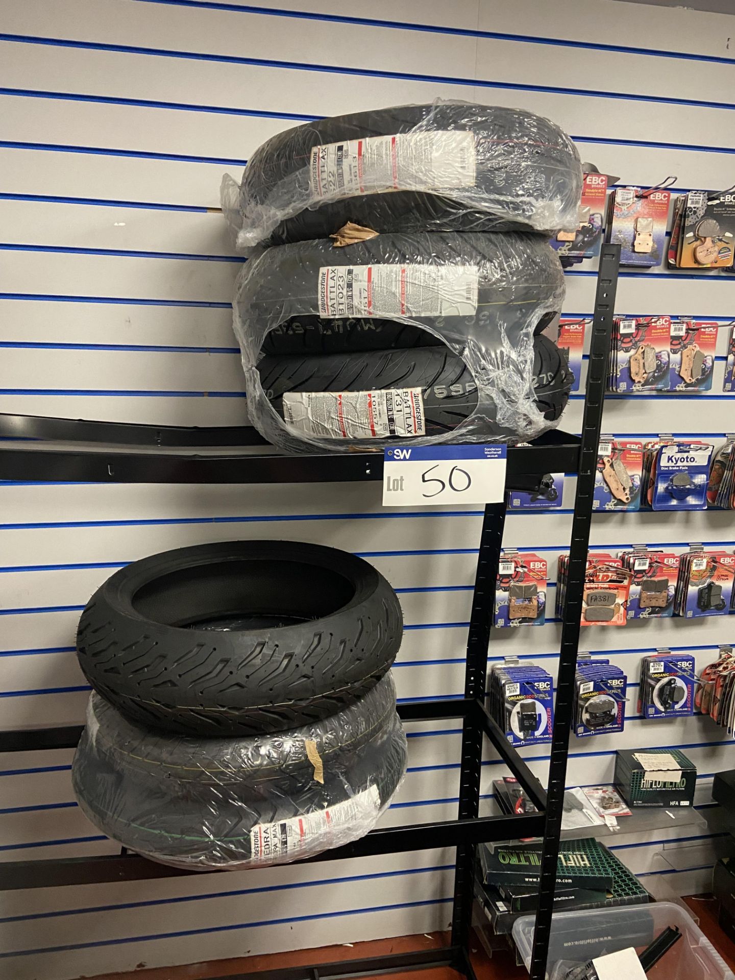Six Assorted Motorcycle Tyres, with multi-tier rack Please read the following important notes:- *** - Image 2 of 6