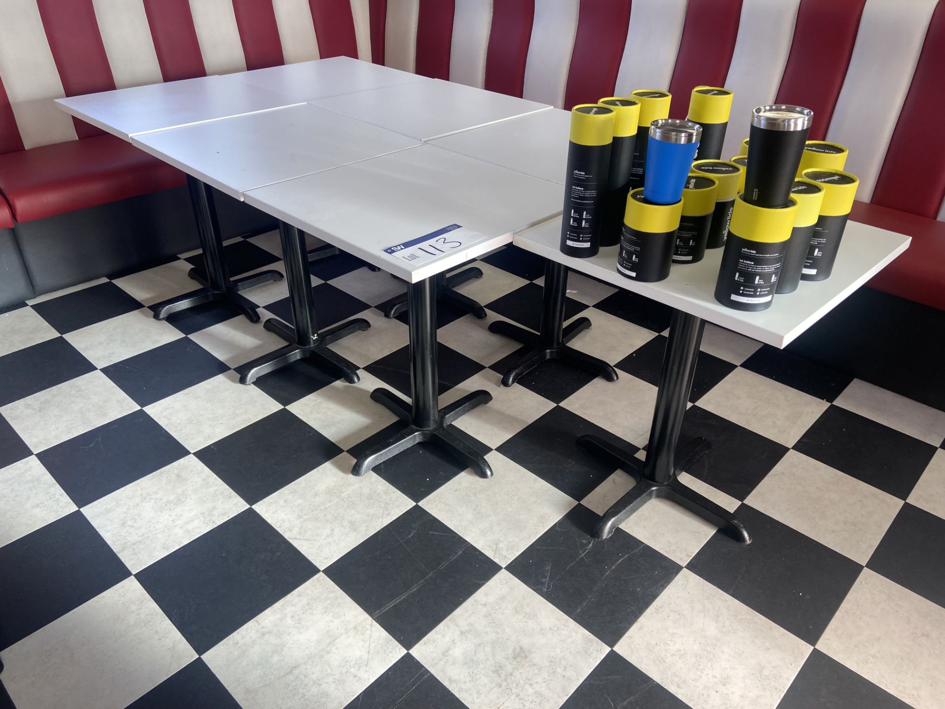 Five Steel Framed Tables, each 600mm x 600mm (excluding stock contents) Please read the following