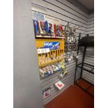 Assorted Stock, on slat board wall, including spark plugs, fork seals and light bulbs Please read