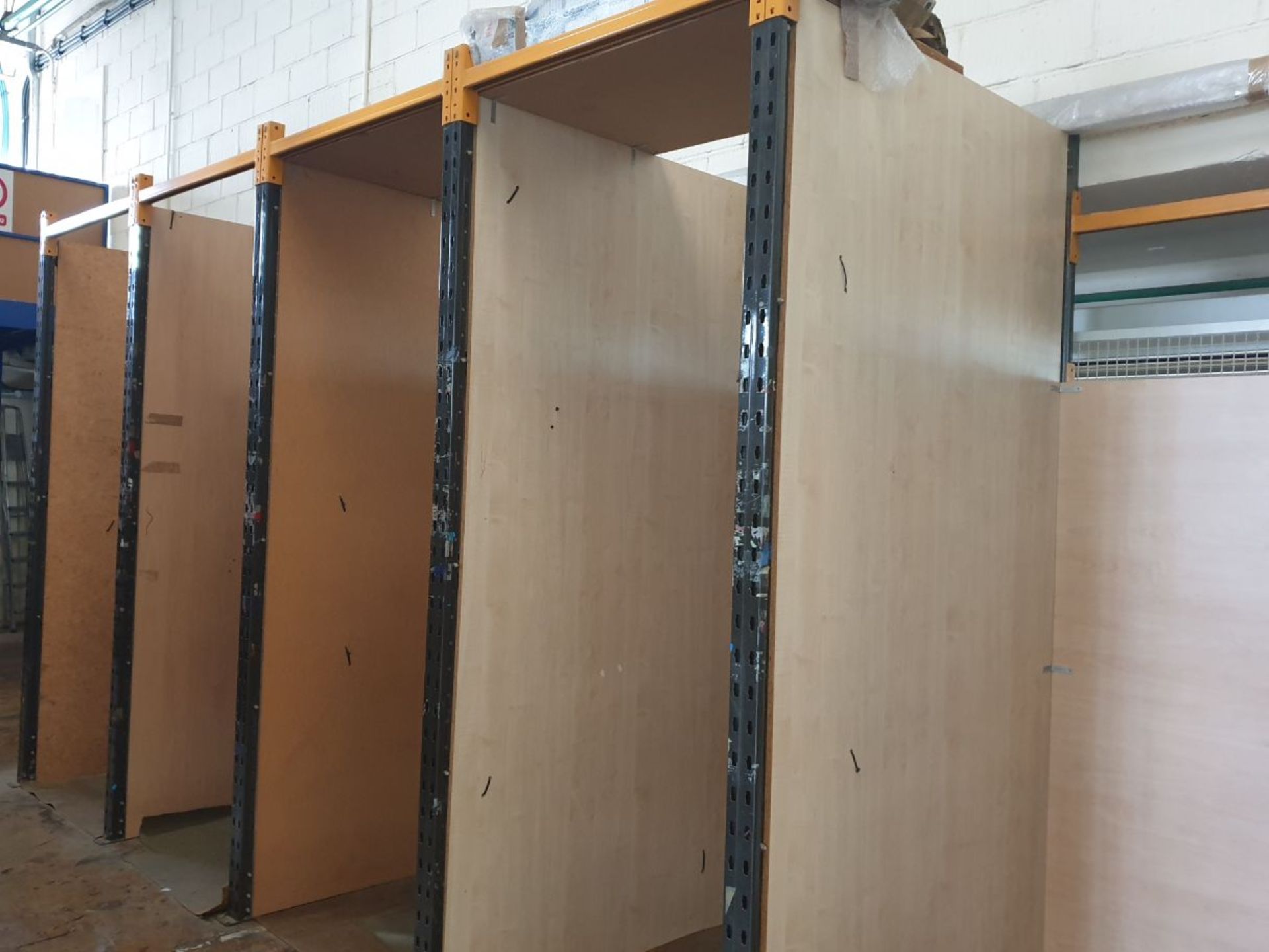 Seven Bays of Single Tier Racking with Wooden Board Dividers (Located Skipton, BD23 2QR) Please read