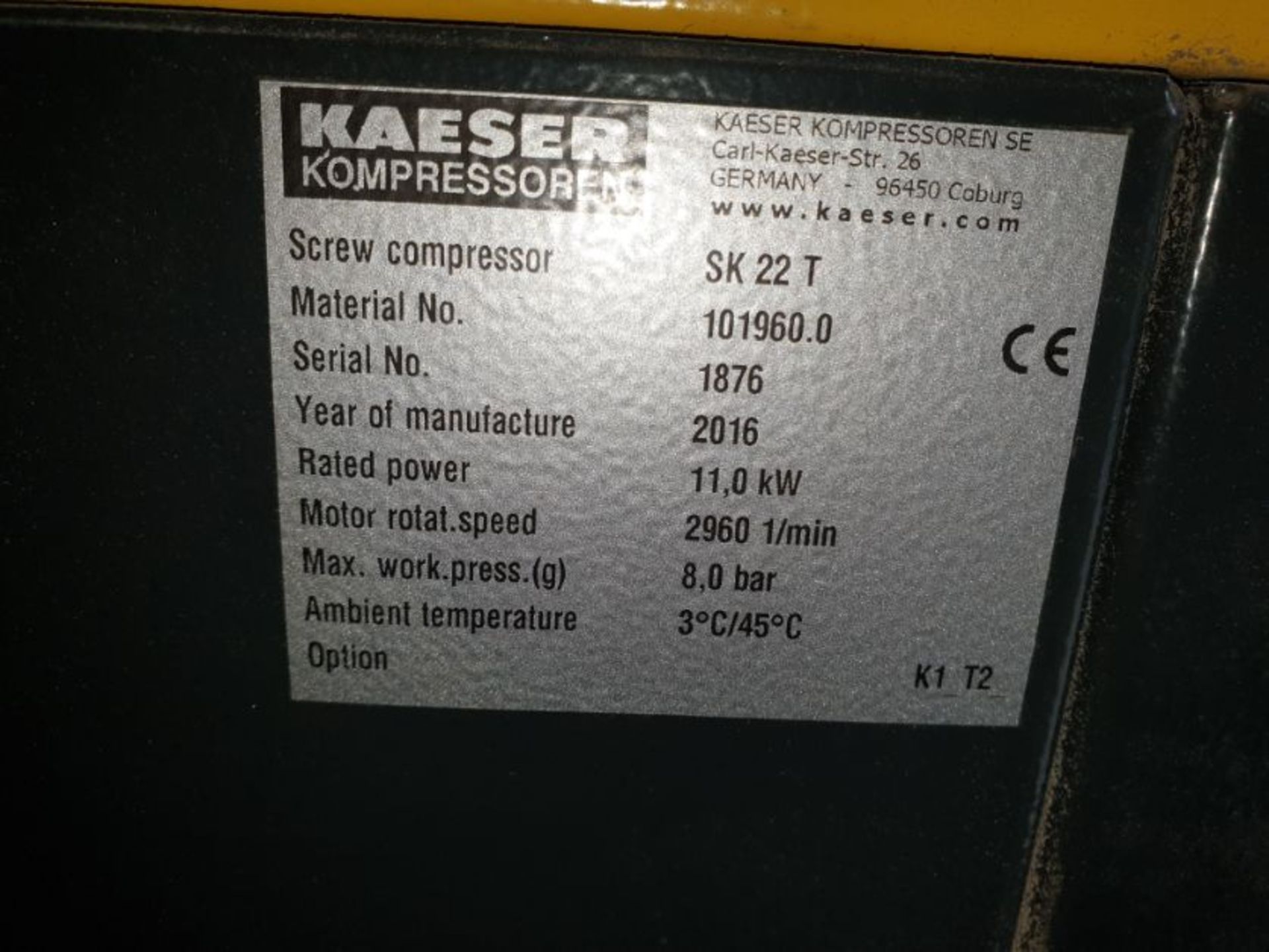 Kaeser HPC SK22T Air Compressor, Year of Manufacture 2016 (Located Skipton, BD23 2QR) Please read - Image 2 of 2