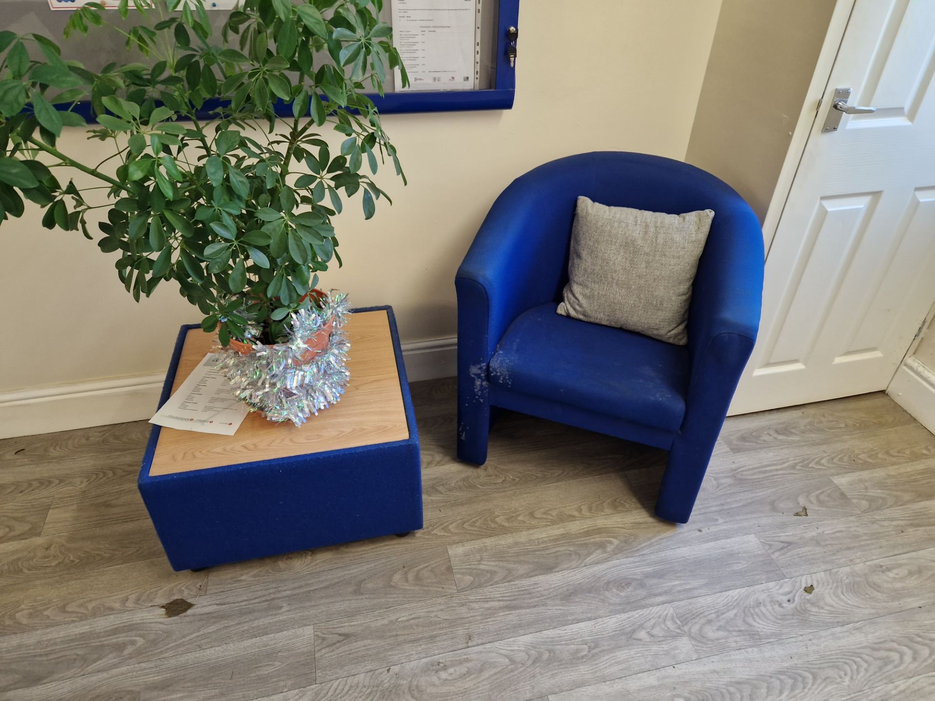 Two Blue Fabric Tub Chairs and Blue Fabric Lined Square Coffee Table Please read the following