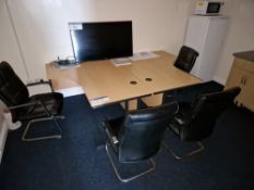 Two Light Oak Veneered L-Shaped Desks and Four Office Chairs (All contents Excluded) Please read the