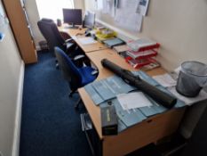 Two Light Oak Veneered L-Shaped Desks, Suqare Desk, 5 Tier Shelving Unit and Two Office Swivel