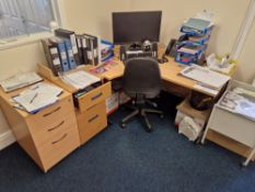 Light Oak Veneered L-Shaped Desk, Two 3 Drawer Pedestals and Office Swivel Chair (All contents