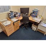 Light Oak Veneered L-Shaped Desk, Two 3 Drawer Pedestals and Office Swivel Chair (All contents