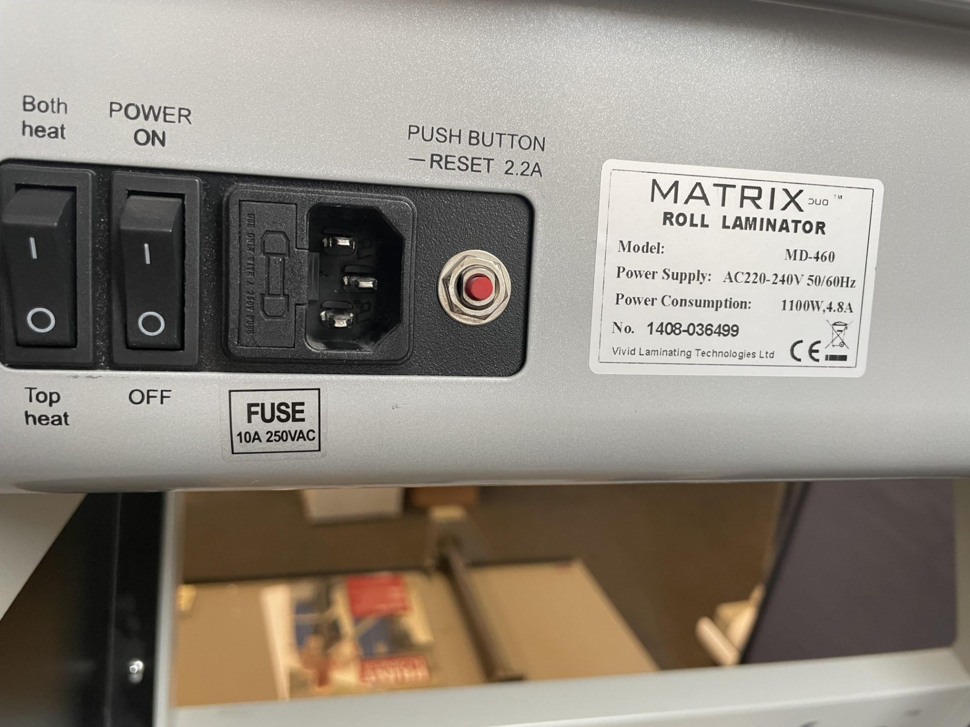 Matrix Duo 460 Encapsulator/Laminator on Mobile Frame, Serial No. 1408-036499 with a Box of - Image 6 of 7
