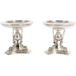 Pair Silver Plate Tazzas w Dolphin Footed Bases