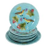 (7) German Majolica Turquoise & Bird Plates