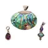 (3) Sterling Pendants: Abalone, Teardrop Amethyst