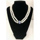 Double Strand Pearls with Diamond & Sapphire Clasp