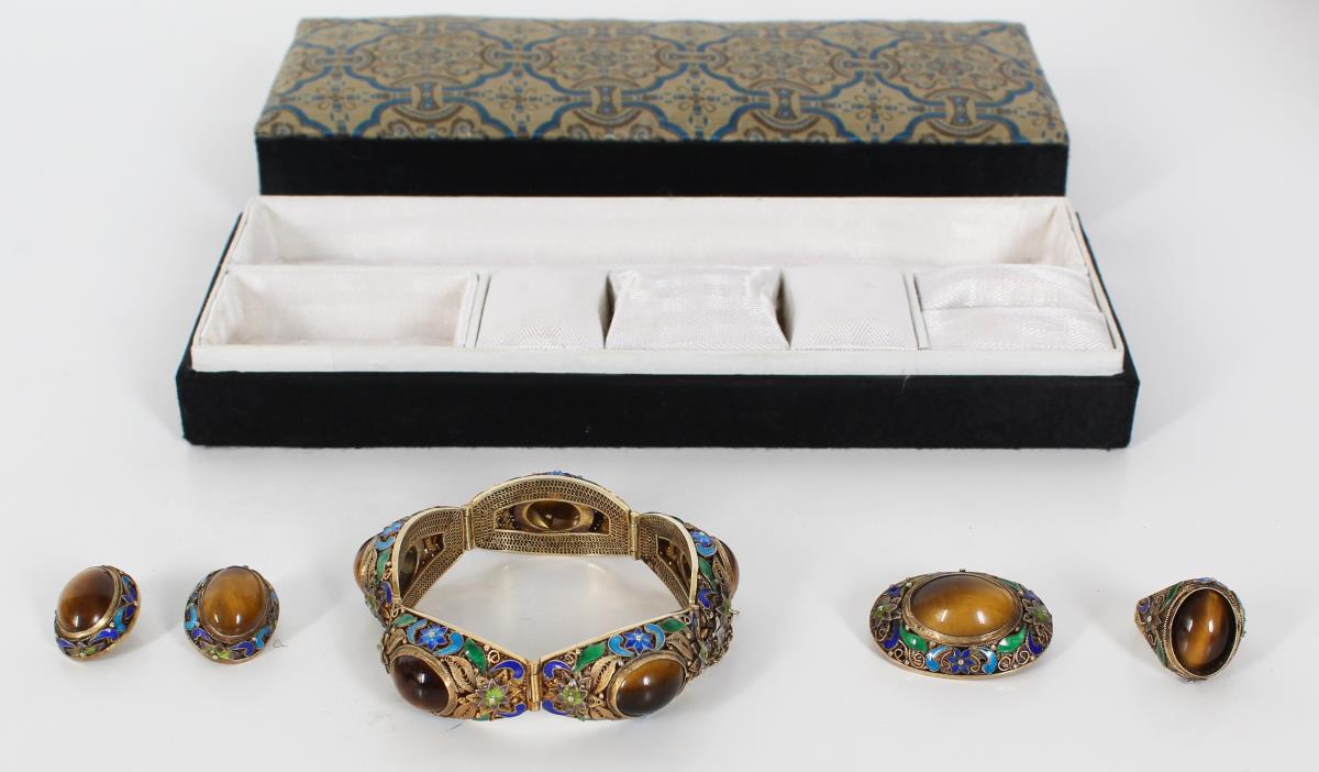 Chinese Cloisonne & Tiger Eye Ladies Jewelry Set - Image 2 of 24