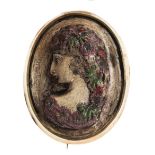 Antique 10k Gold Painted Lava Stone Cameo Brooch