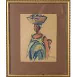 1970 Signed Watercolor of African Woman & Child