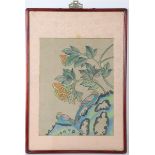 Japanese Watercolor on Silk w Bird and Flowers
