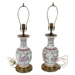 Pr Antique Chinese Famille Rose Lamps ca 1880s-90s