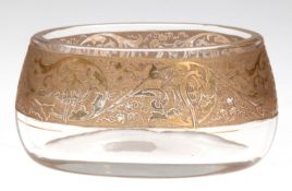 Jugendstil-Glasschale, oval, mit Goldfries, berieben, H. 6,5 cm, L. 11 cm