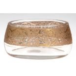 Jugendstil-Glasschale, oval, mit Goldfries, berieben, H. 6,5 cm, L. 11 cm