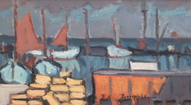 Tesdorf-Edens, Ilse (1892 Hamburg-1966 ebenda) "Boote im Hafen", Öl/ Sperrholz, sign. u.r., 21x36,5