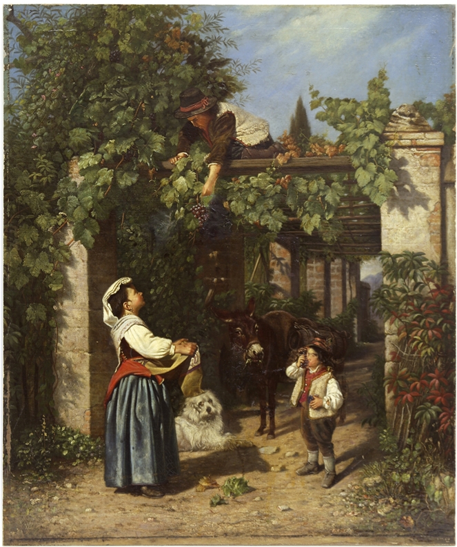 Genremaler, Italien 19. Jh. "Traubenernte", Öl/Lw./Holz, unsign., kl. Farbabplatzungen am Rand, 72x