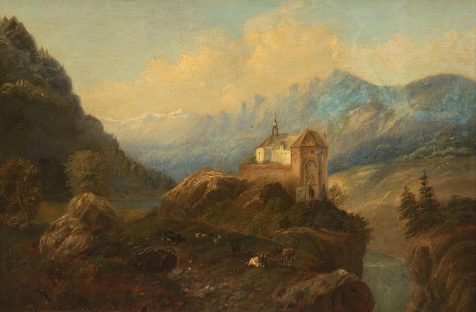 Romantiker "Burg in romantischer Flußlandschaft", Öl/ Karton, unsign., 33x45 cm, Rahmen