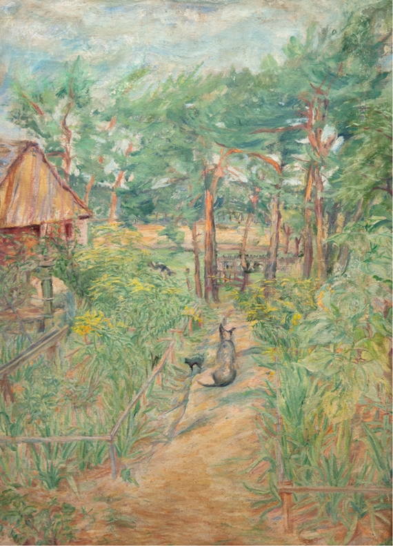 Fischeder, Katharina Ida (1894-1982 Saarow) "Expressive Landschaft mit Katze und Hund", Öl/Lw., uns