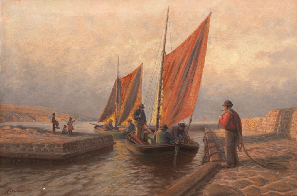 Hansche, Reinhold (1867-1945) "Einfahrt der Fischerboote in einen Hafen auf Bornholm", Öl/Lw., sign