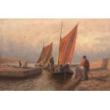 Hansche, Reinhold (1867-1945) "Einfahrt der Fischerboote in einen Hafen auf Bornholm", Öl/Lw., sign