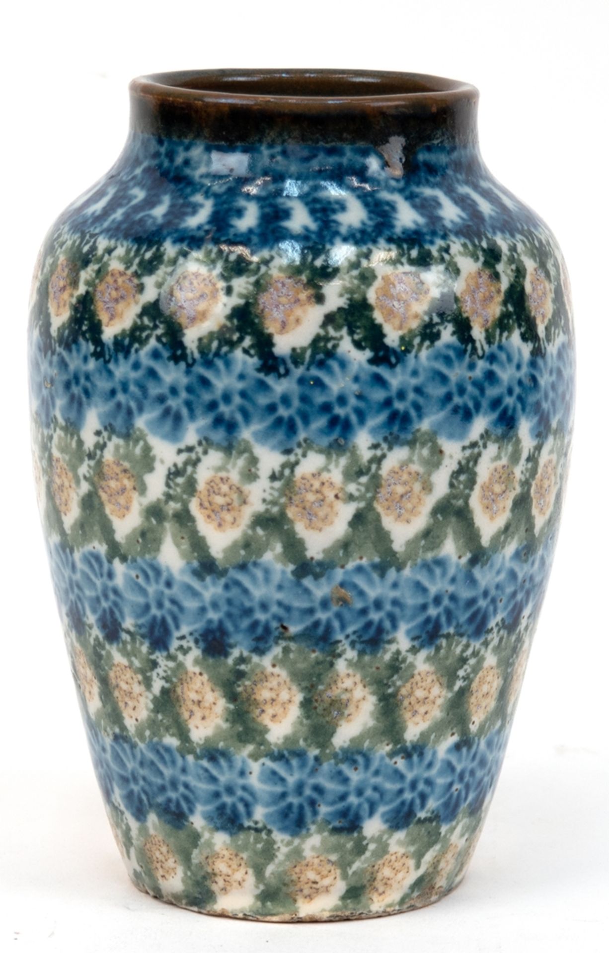 Bunzlauer Vase, blau/grün/ brauner Dekor, H. 16 cm