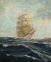 Marinemaler "Segelschiff auf bewegter See", Öl/ Lw., unsign., craqueliert und reinigungsbedürftig,