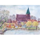 Diener, Rolf (1906 Gößnitz-1988 Hamburg) "Stadtansicht mit Kirche", Aquarell, sign. und dat. `76 u.