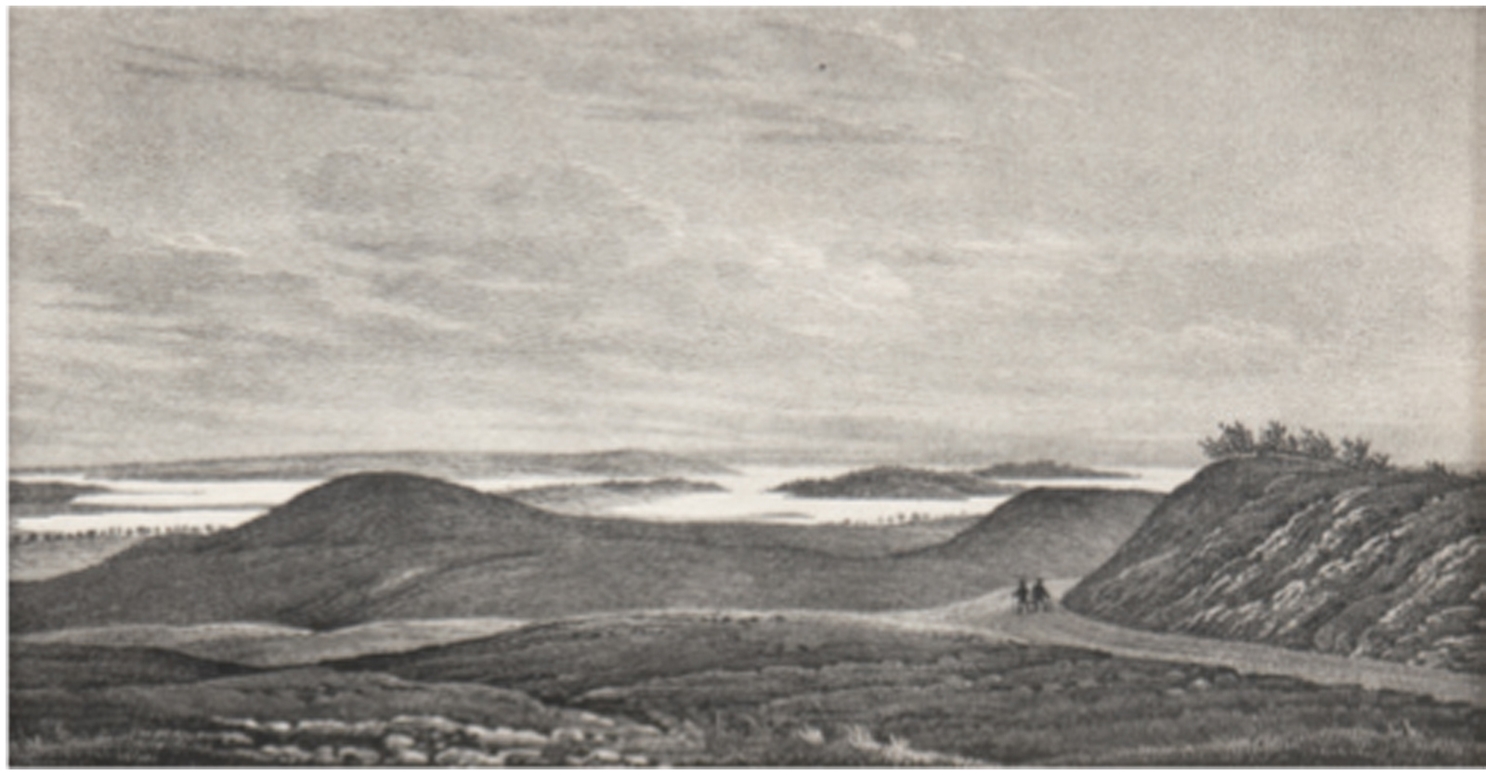 "Aussicht vom Rugard auf Rügen nach Jasmund", Litho, Blatt 17x27 cm, Rand verschmutzt, im Passepart