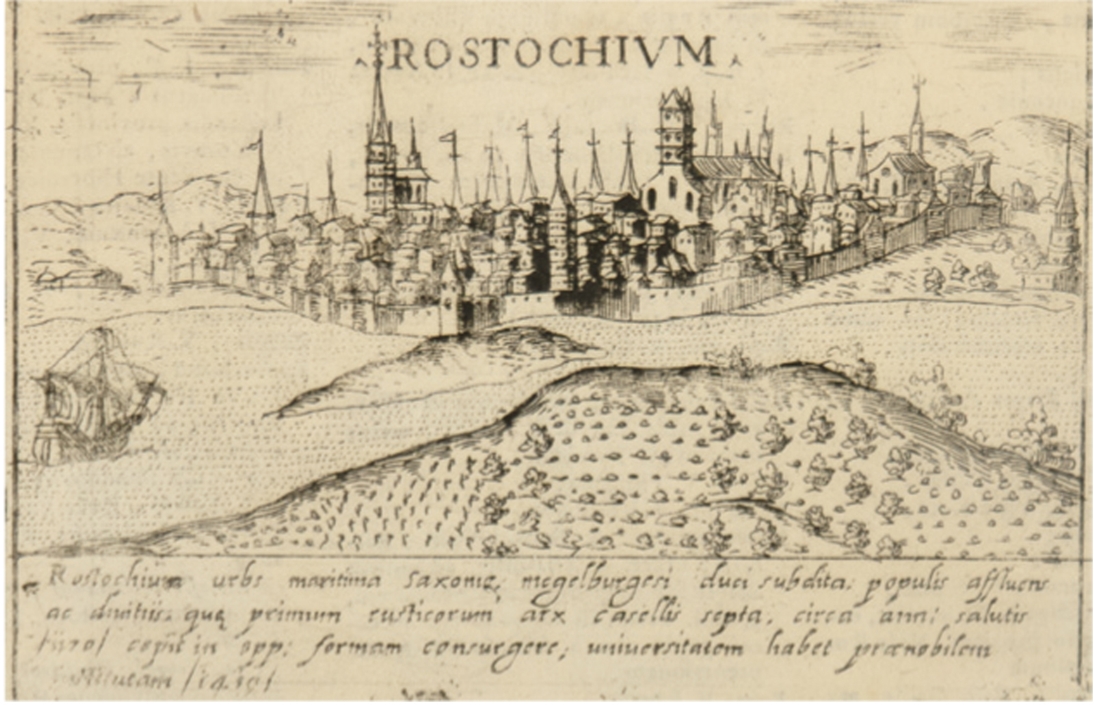 "Wismar", irrtümlich bezeichnet Rostochium", Kupfestich aus "Universus Terrarum Orbis" 1569, late