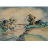 Oeltjen, Jan (1880 Jaderberg-1968 Pettau, Slowenien) "Landschaft mit Brücke über dem Fluß", Aquarel